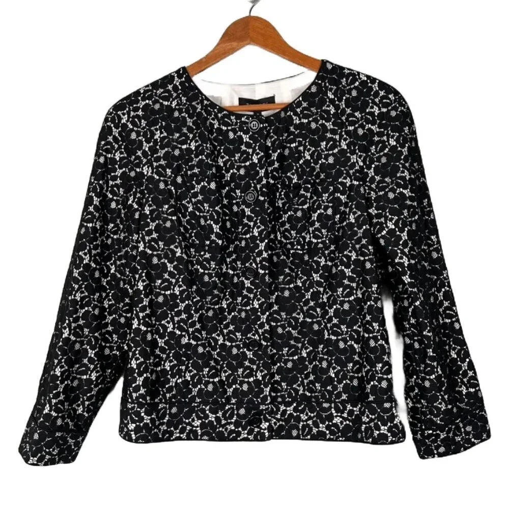 Talbots Black and White Floral Lace-Look Blazer